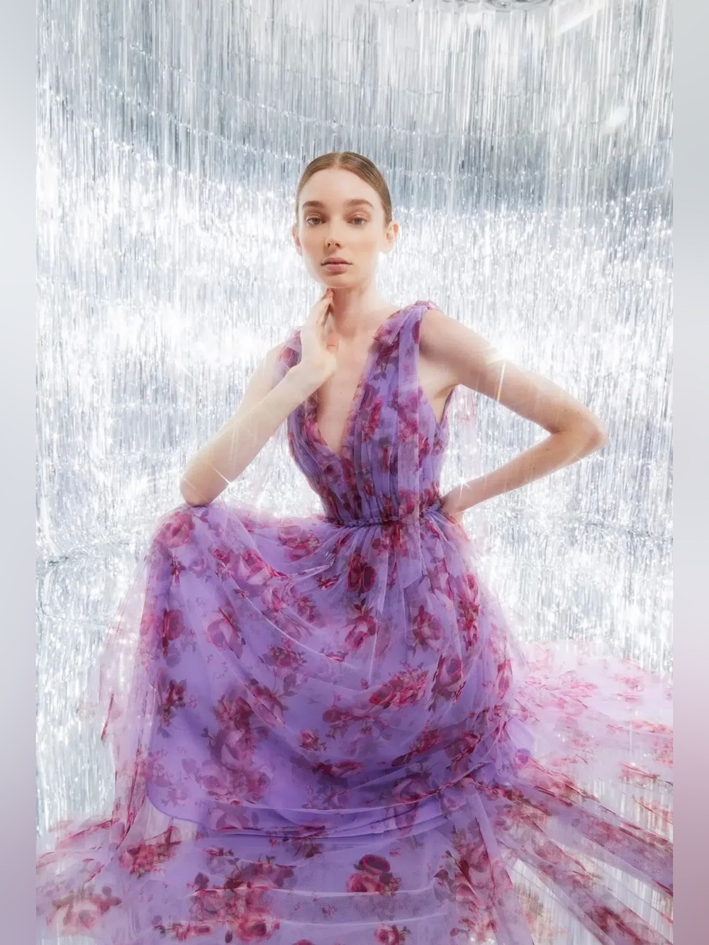 Lela Rose New Floral Print Tiered Tulle Midi Dress Size 12 $2,990.00